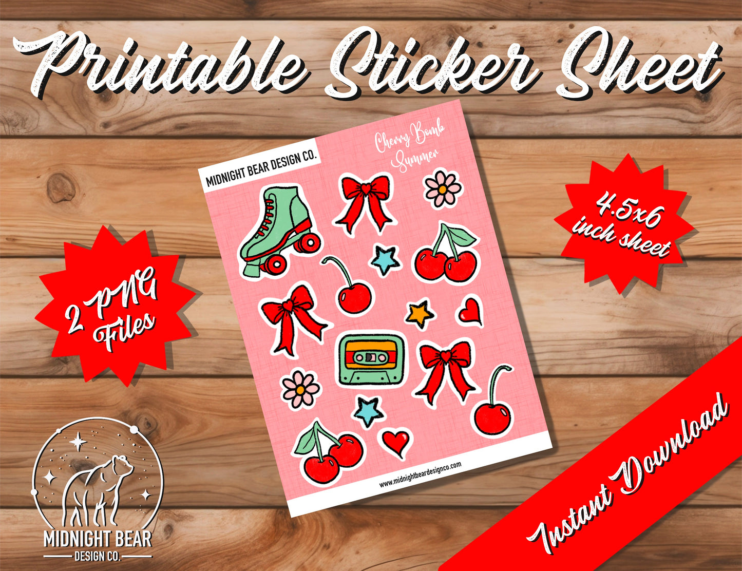 Cherry Bomb Summer Messy Coquette Printable Sticker Sheet, PNG Download