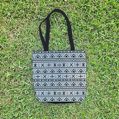 Black and White Mudcloth InspiredTote Bag – 16" Boho Tribal Inspired Pattern Reusable Everyday Bag