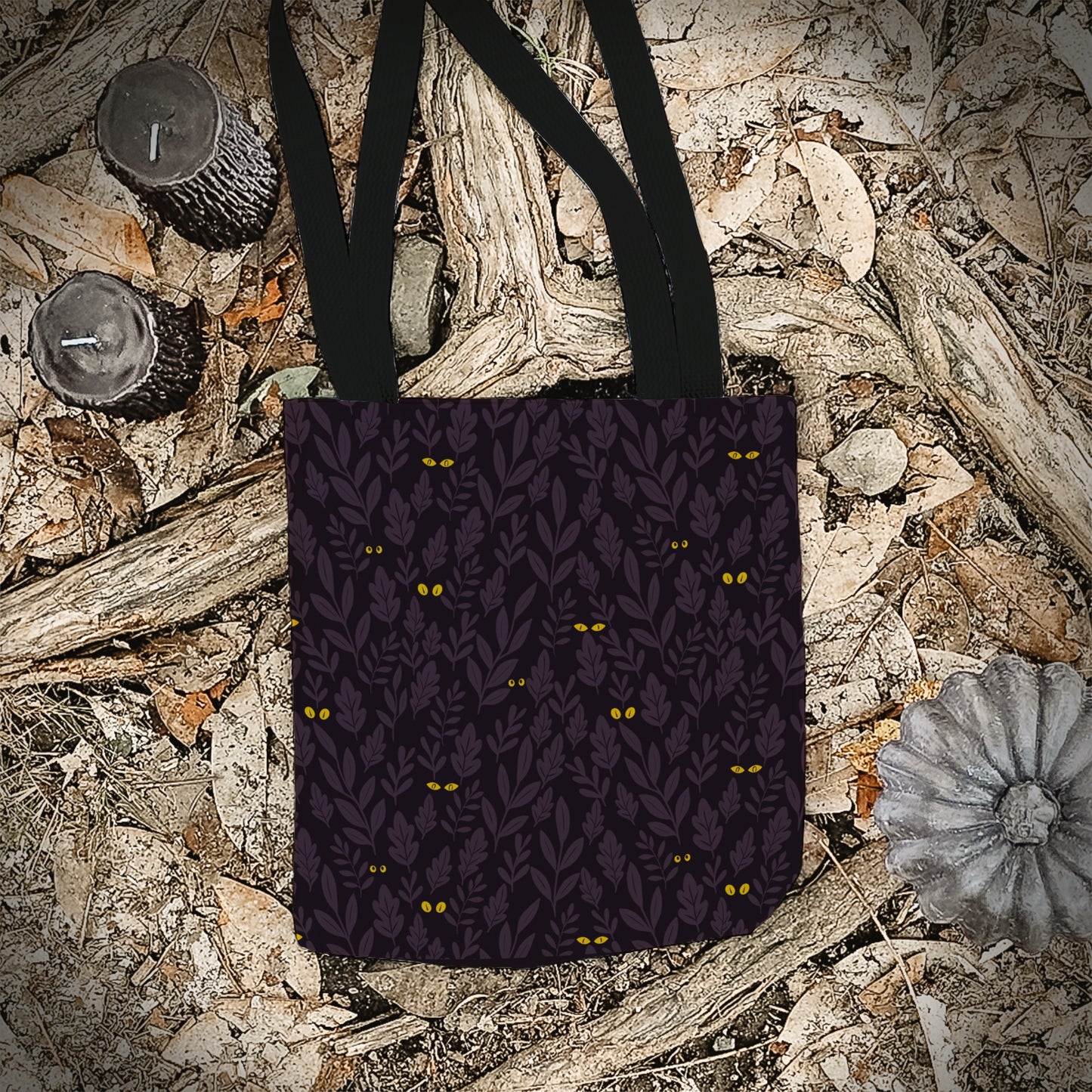 Spooky Jungle Eyes Trick or Treat Bag – Dark Purple Leaves with Glowing Eyes – 13” Halloween Tote for Kids or Adults