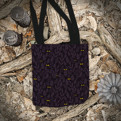 Spooky Jungle Eyes Trick or Treat Bag – Dark Purple Leaves with Glowing Eyes – 13” Halloween Tote for Kids or Adults