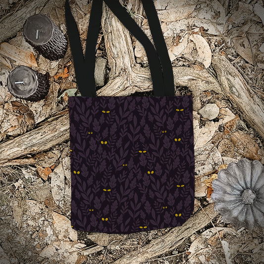 Spooky Jungle Eyes Trick or Treat Bag – Dark Purple Leaves with Glowing Eyes – 13” Halloween Tote for Kids or Adults