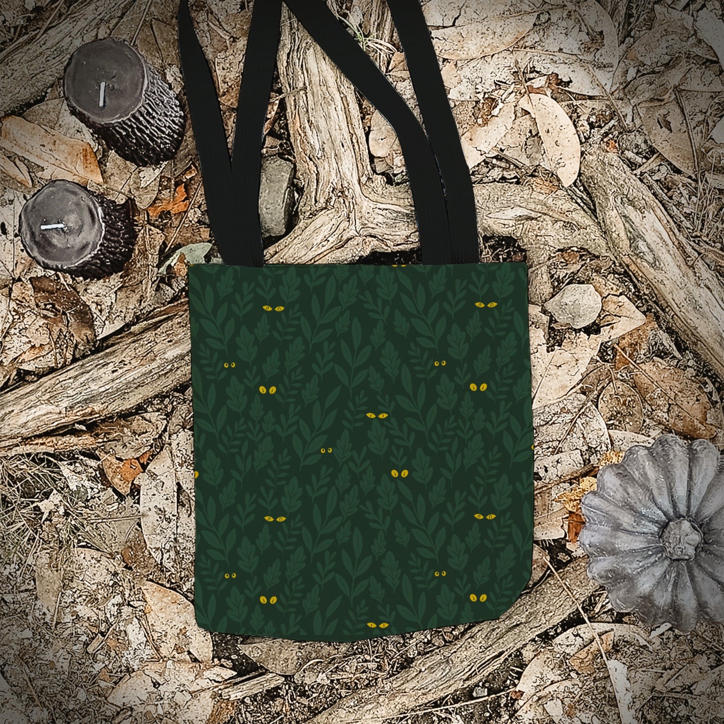 Spooky Jungle Eyes Trick or Treat Bag – Dark Green Leaves with Glowing Eyes – 13” Halloween Tote for Kids or Adults