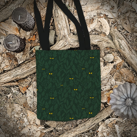 Spooky Jungle Eyes Trick or Treat Bag – Dark Green Leaves with Glowing Eyes – 13” Halloween Tote for Kids or Adults