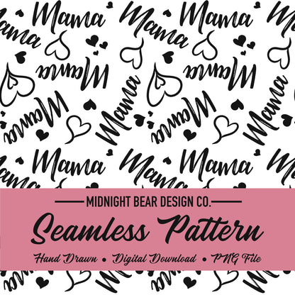 Mama Hearts Black and White Seamless Pattern Instant Digital Download