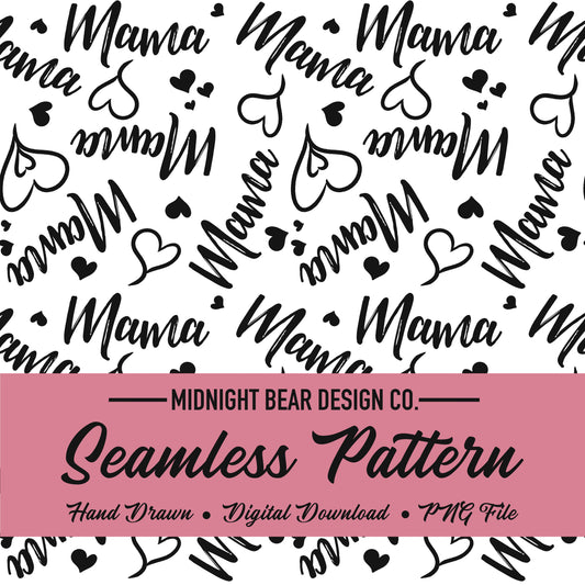 Mama Hearts Black and White Seamless Pattern Instant Digital Download