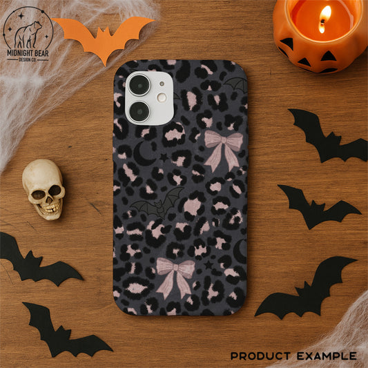 Leopard Halloween Bows, Bats & Moons Seamless Pattern Charcoal & Pink