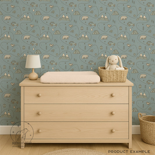 Adventure Camping Seamless Pattern | Explore Outdoors Illustration | Bear Mountain Camp Jeep Kids Pattern for Fabric, Crafts, Scrapbooking