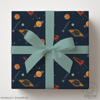 Retro Space Vintage UFO and Rocket Navy Seamless Pattern