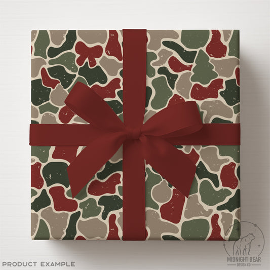 Christmas Camo Seamless Pattern Trees, Stockings, Ornaments in Red and Green