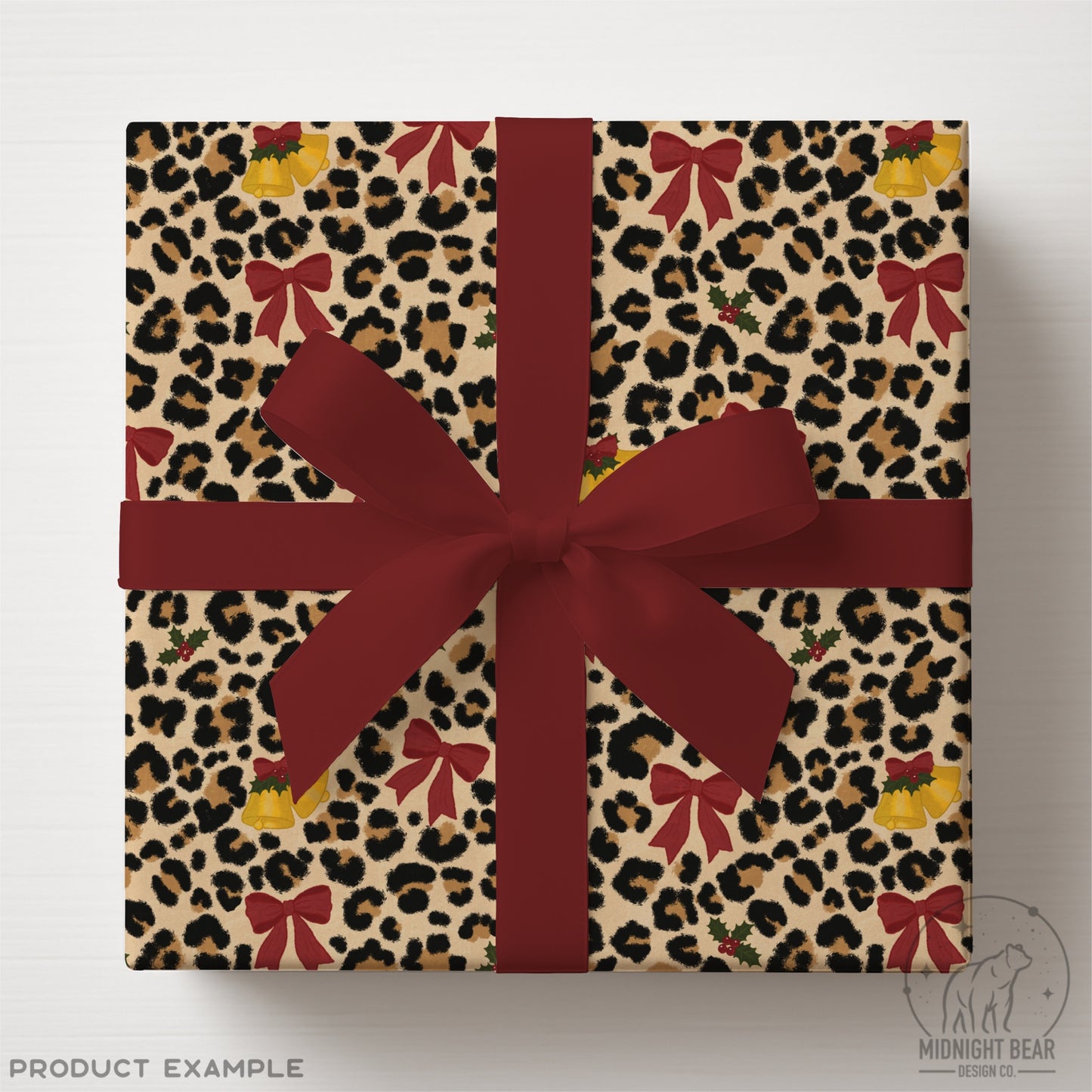 Christmas Leopard Print Seamless Pattern, Red Bows and Bells, Holly