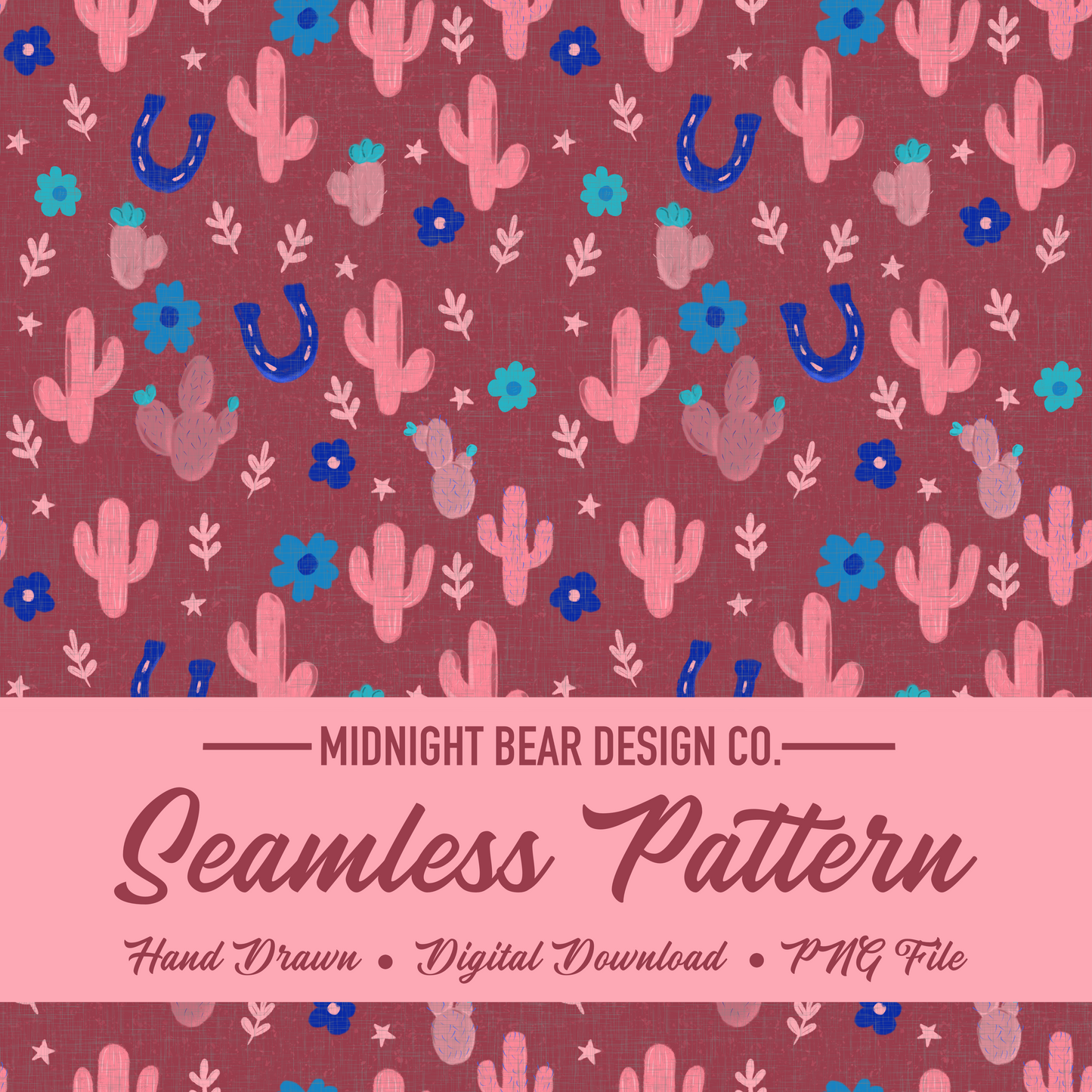 Ditsy Cactus Pink and Blue Seamless Pattern Instant Digital Download