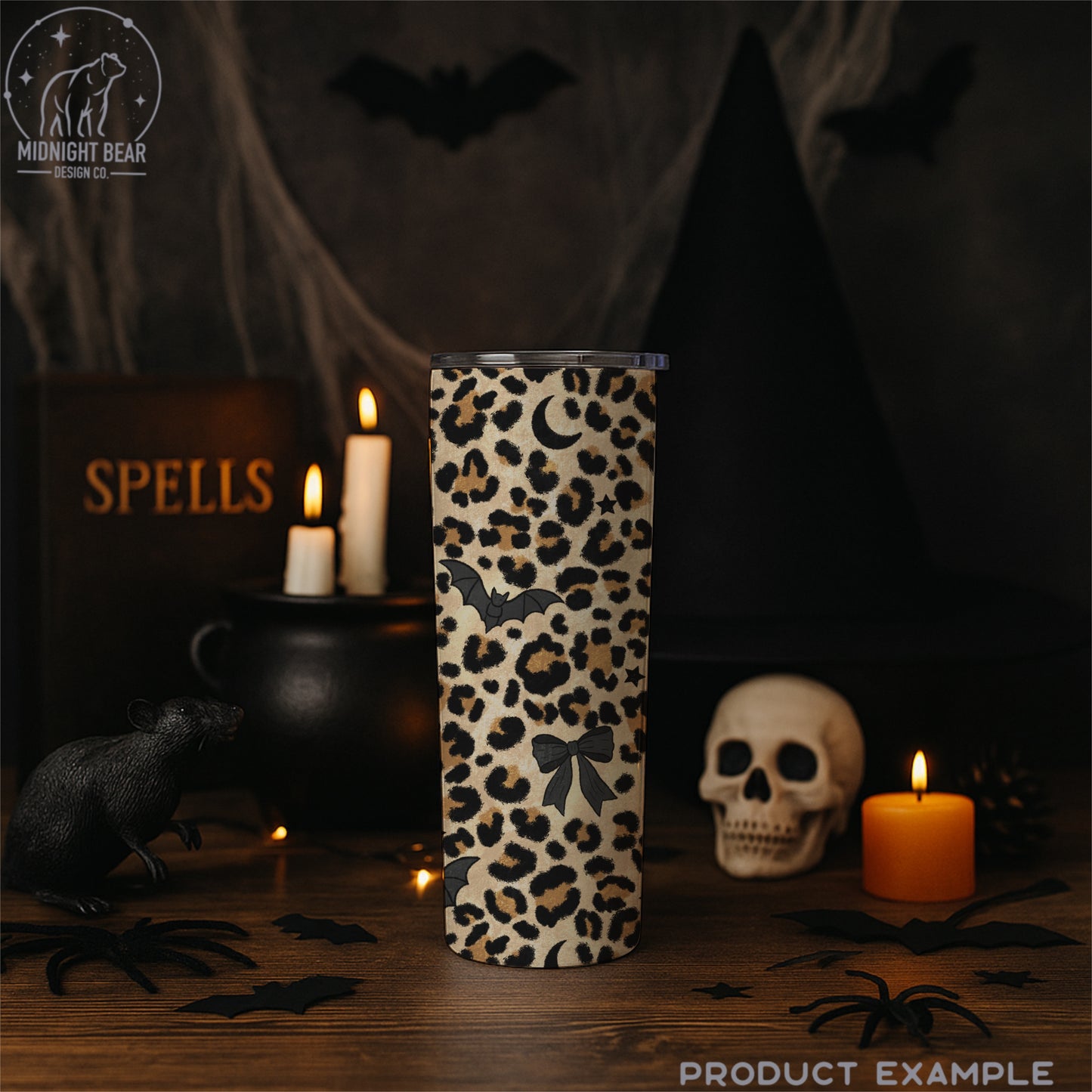 Halloween Leopard with Bats and Bows Seamless Pattern Tan Colorway